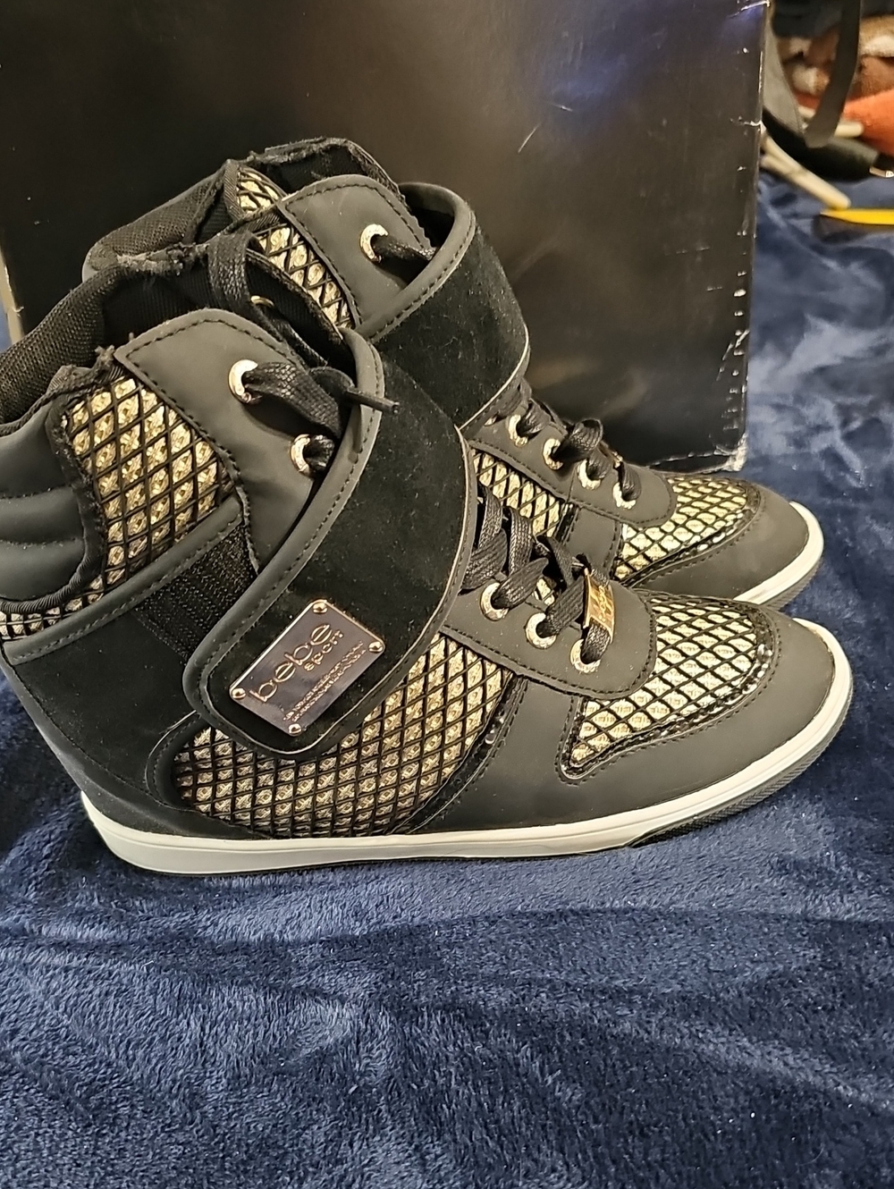 bebe Black and Gold High-Top Wedge Sneakers for Women Size 9